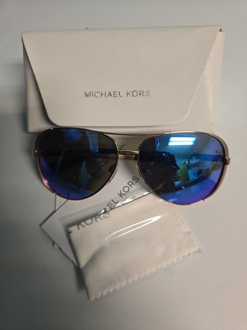 Michael Kors Gold Frame Aviator Sunglasses with Blue Lenses